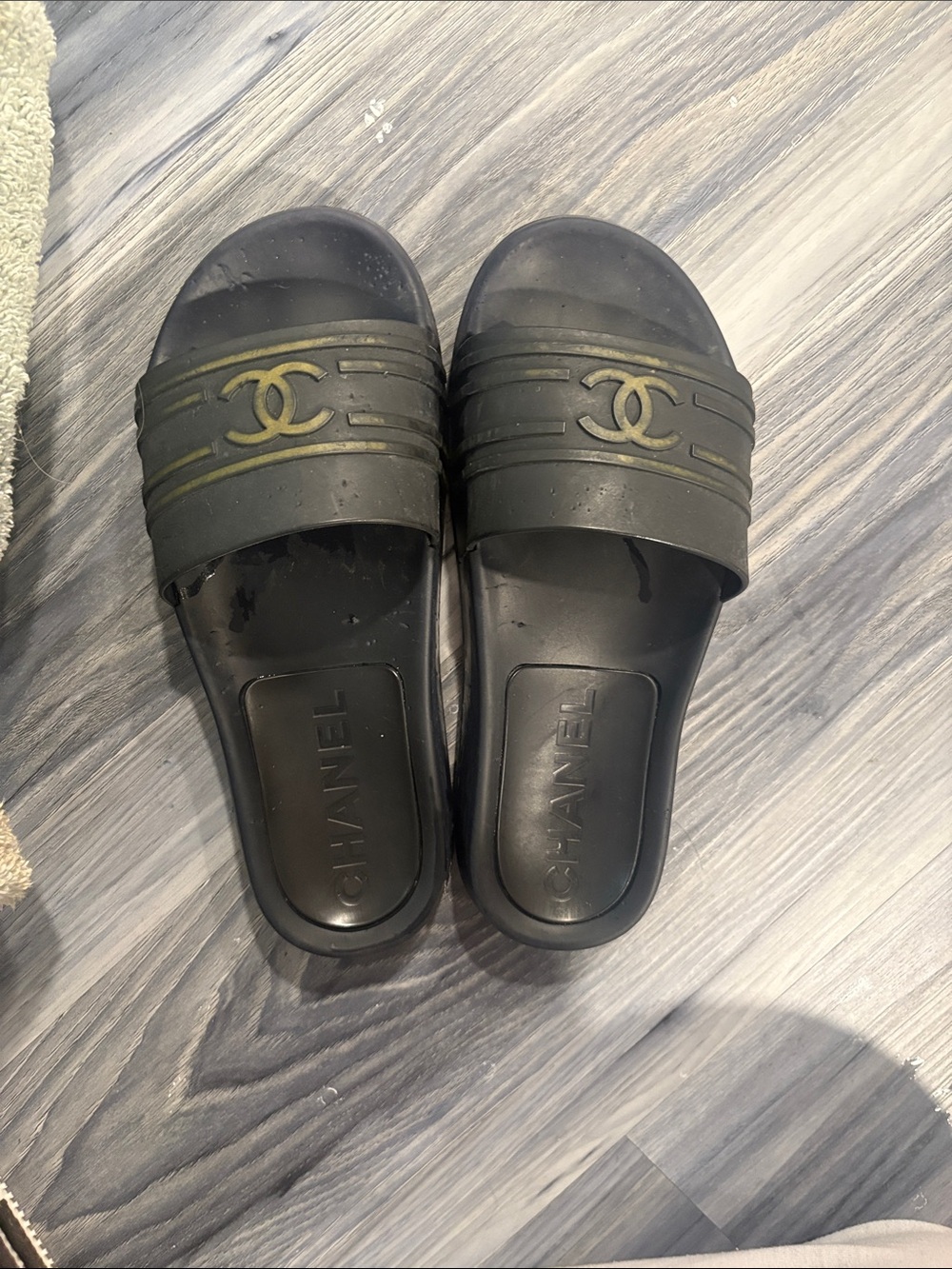 CHANEL Black Slide Sandals with Gold CC Logo